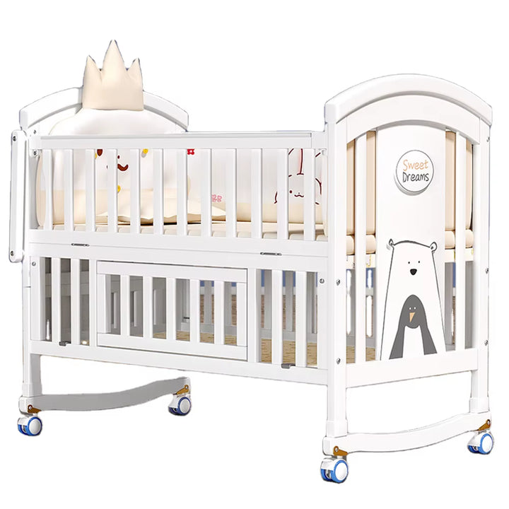 New 2025 Solid Wood European Style White Paint Baby'S Cot Removable Multifunctional Upholstered Bed for Newborn