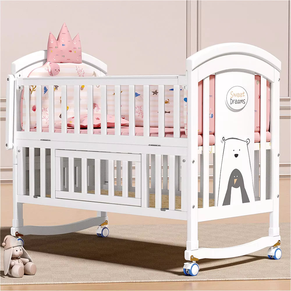 New 2025 Solid Wood European Style White Paint Baby'S Cot Removable Multifunctional Upholstered Bed for Newborn