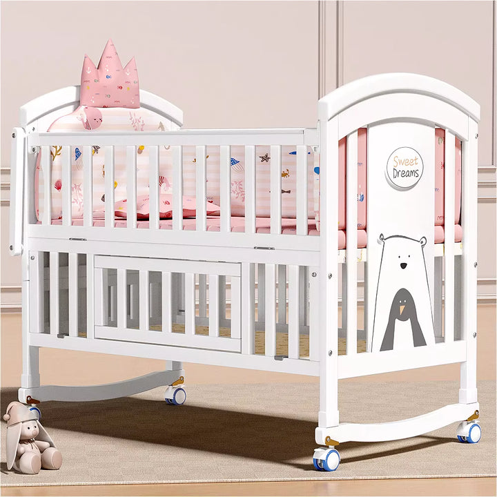 New 2025 Solid Wood European Style White Paint Baby'S Cot Removable Multifunctional Upholstered Bed for Newborn