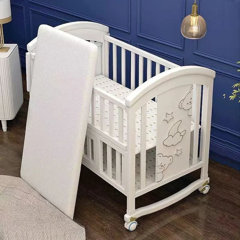2025New Solid Wood Baby Crib Movable Splicing Bed Multifunctional Baby Rocking Bed Adjustable Guardrail Height with Mosquito Net