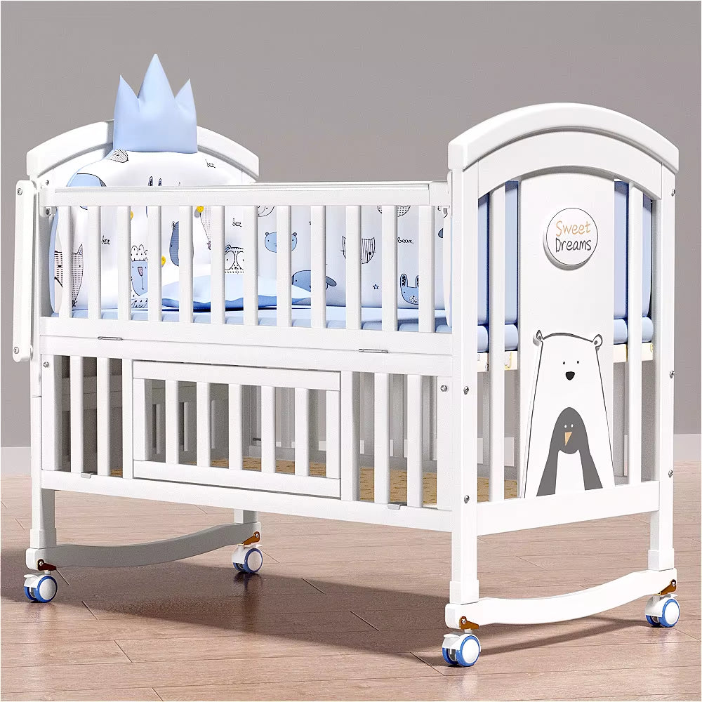 New 2025 Solid Wood European Style White Paint Baby'S Cot Removable Multifunctional Upholstered Bed for Newborn
