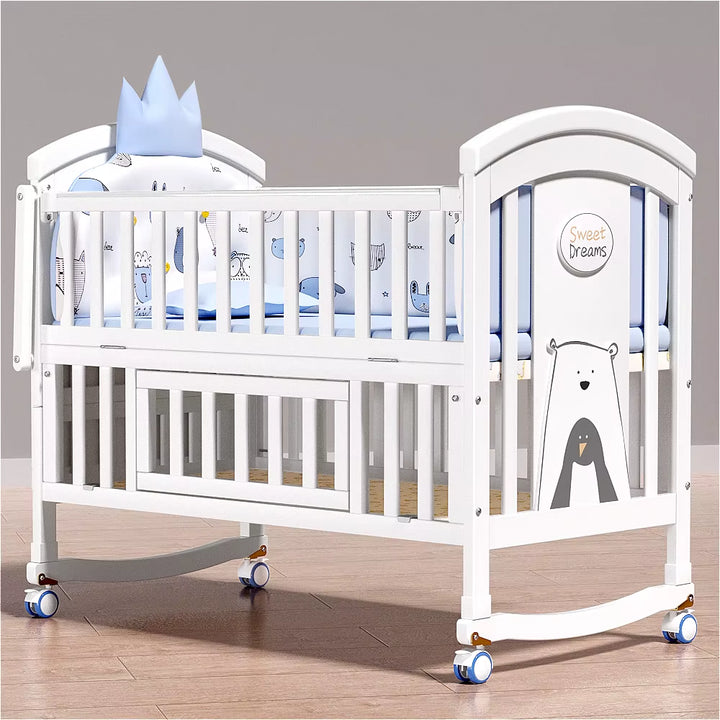 New 2025 Solid Wood European Style White Paint Baby'S Cot Removable Multifunctional Upholstered Bed for Newborn