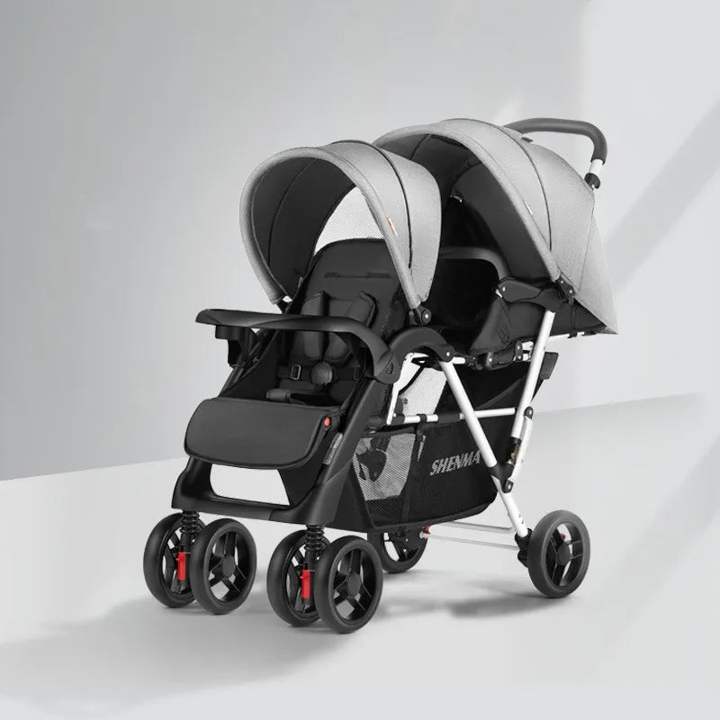 Twin Stroller, Poussette Double Baby Stroller Can Sit and Lie Down, Foldable Light-Weight Double Baby Stroller with Two Seat