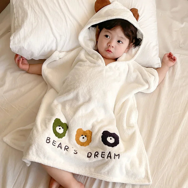 Children'S Bathrobe Polyester Baby Soft Skin Absorbent Quick Drying Hooded Bath Towel Cartoon Frog Bear Air Conditioning Blanket