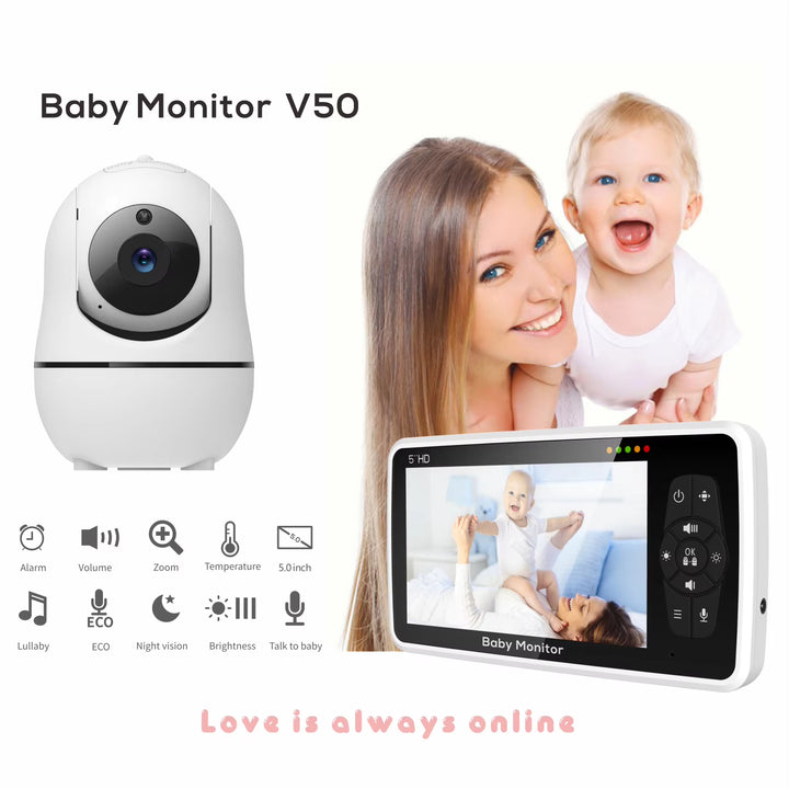 New 5 Inch Video Baby Monitor with Camera and Audio, 4X Zoom, 22Hrs Battery, 1000Ft Range 2-Way Temperature Sensor Lullaby