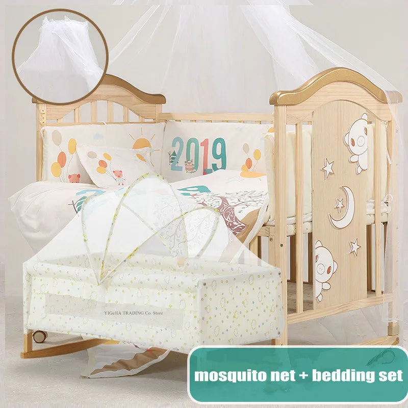 Pine Wood Baby Crib with Inner Cot, No Paint Kids Bed, Size 106*62*102Cm, Small Cradle 84*45Cm
