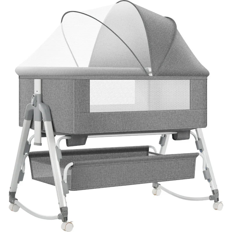 3 in 1 Baby Bed with Storage Basket & Mosquito Net, Baby Crib Five Height Adjustments Bedside Bassinet for Newborn 0-12 Months