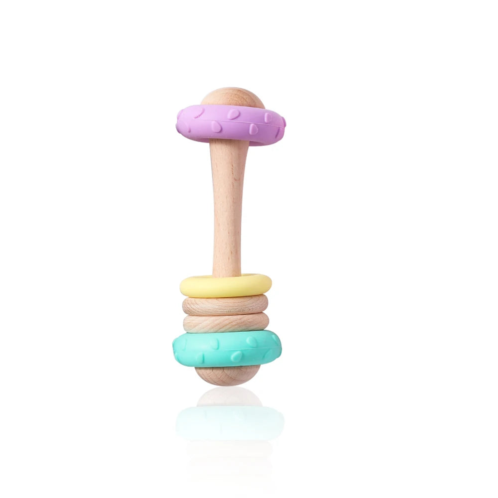 1Pc Baby Wooden Teether Toys BPA Free Silicone Ring Handle Music Rattle Teething for Baby Toys Montessori Toys for Kids Gift