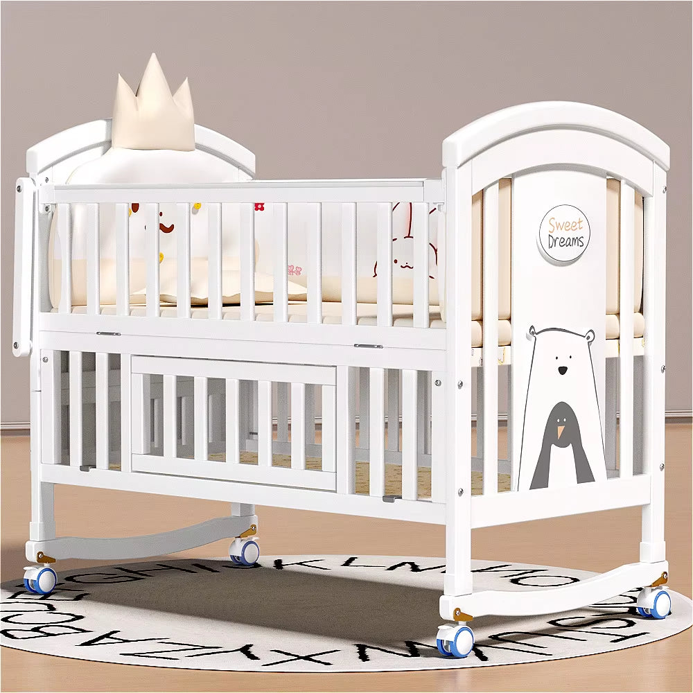 New 2025 Solid Wood European Style White Paint Baby'S Cot Removable Multifunctional Upholstered Bed for Newborn