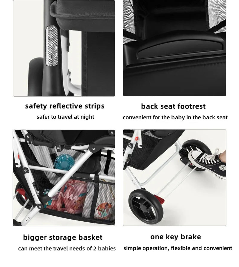 Twin Stroller, Poussette Double Baby Stroller Can Sit and Lie Down, Foldable Light-Weight Double Baby Stroller with Two Seat