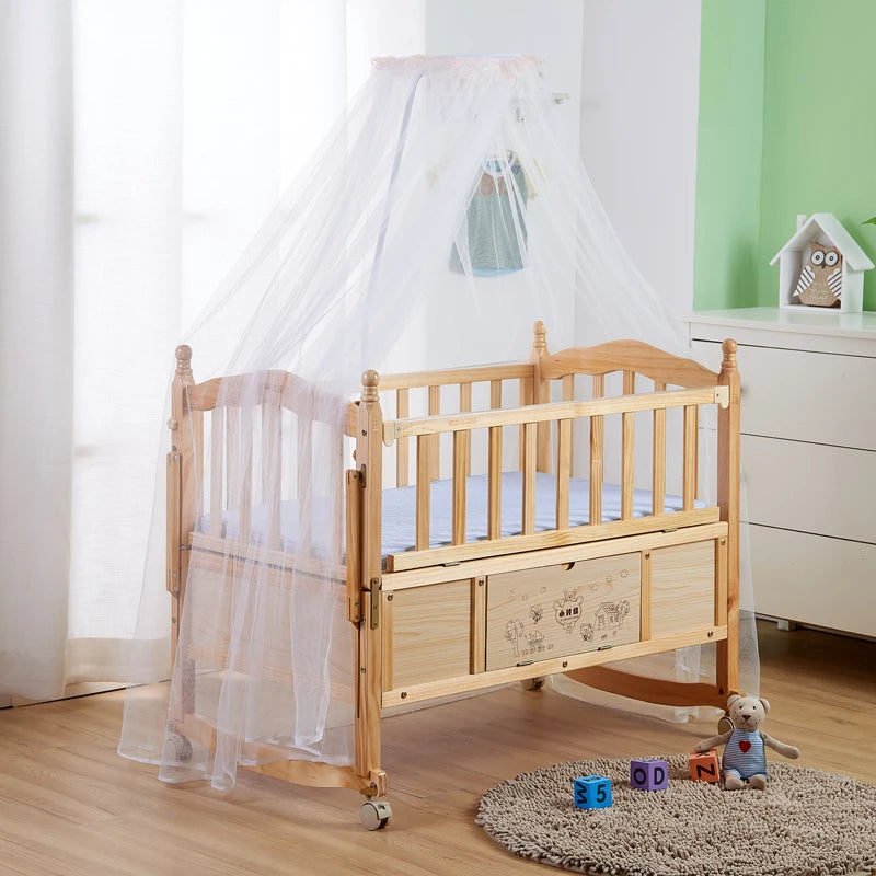 Multi-Functional Pine Wood Baby Crib, Can Combine Adult Bed, BB Rocking Cradle with Mosquito Net