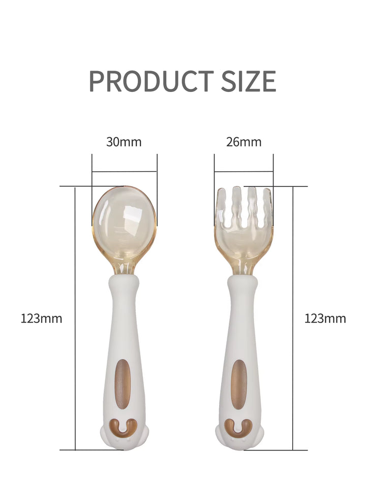 1Set Baby Training Spoon Bendable Handle Tableware Fork Set 100% Food Grade White Puppy Design Tritan Silicone Learning Spoon
