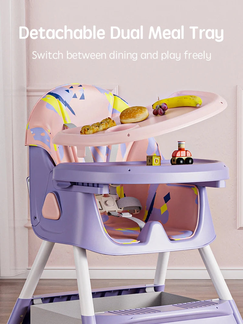 Baby Seat Toddler Eating Chair Baby High Chair for Dinner Baby Feeding Chair with 4 Wheels, Bib, Bowl&Spoon, Reclining