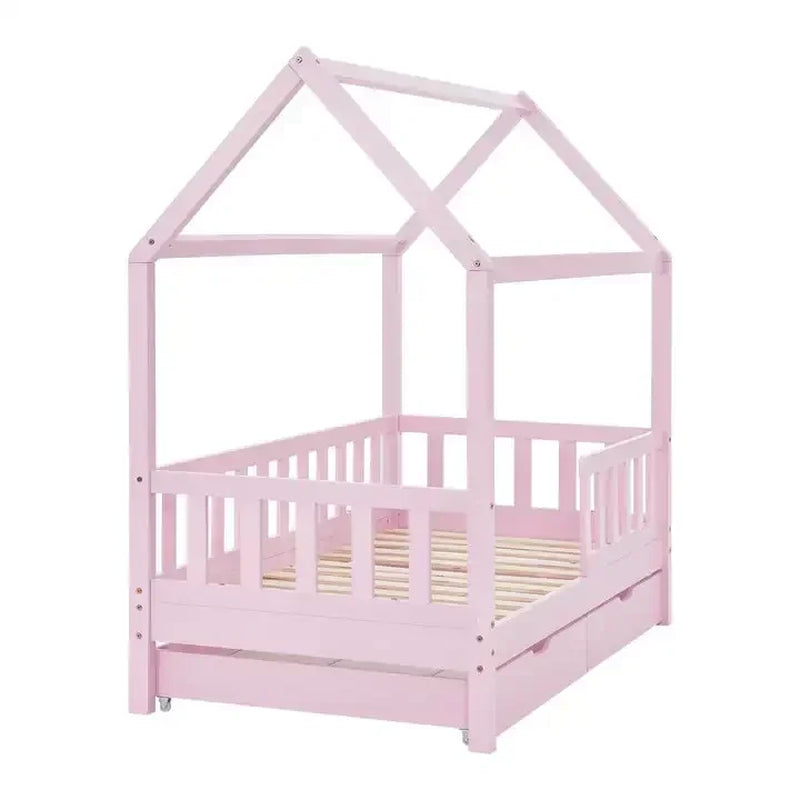 New Mounted Wooden Girls Child Toddler Two Frame Baby Montessori Kids Floor Bed for Children with Rails