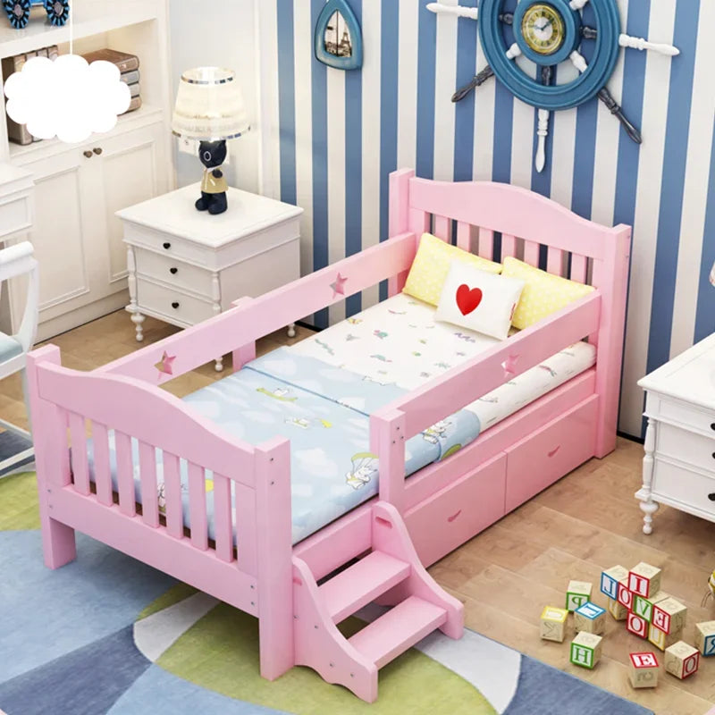 Modern Natural Solid Wood Children Beds Furniture Wood Single Girls Ladder Pink Kids Baby Bed