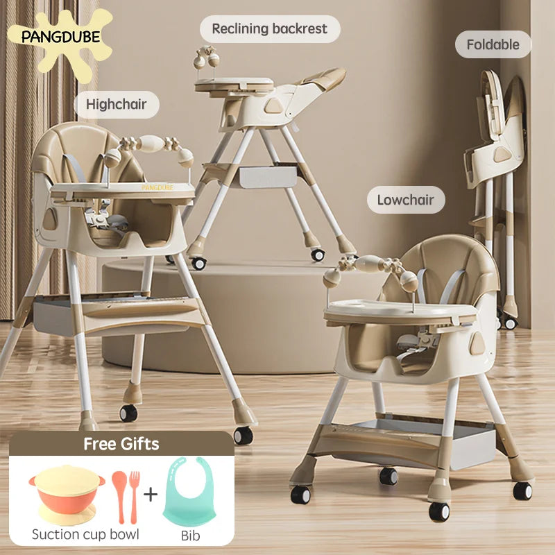 Baby Seat Toddler Eating Chair Baby High Chair for Dinner Baby Feeding Chair with 4 Wheels, Bib, Bowl&Spoon, Reclining