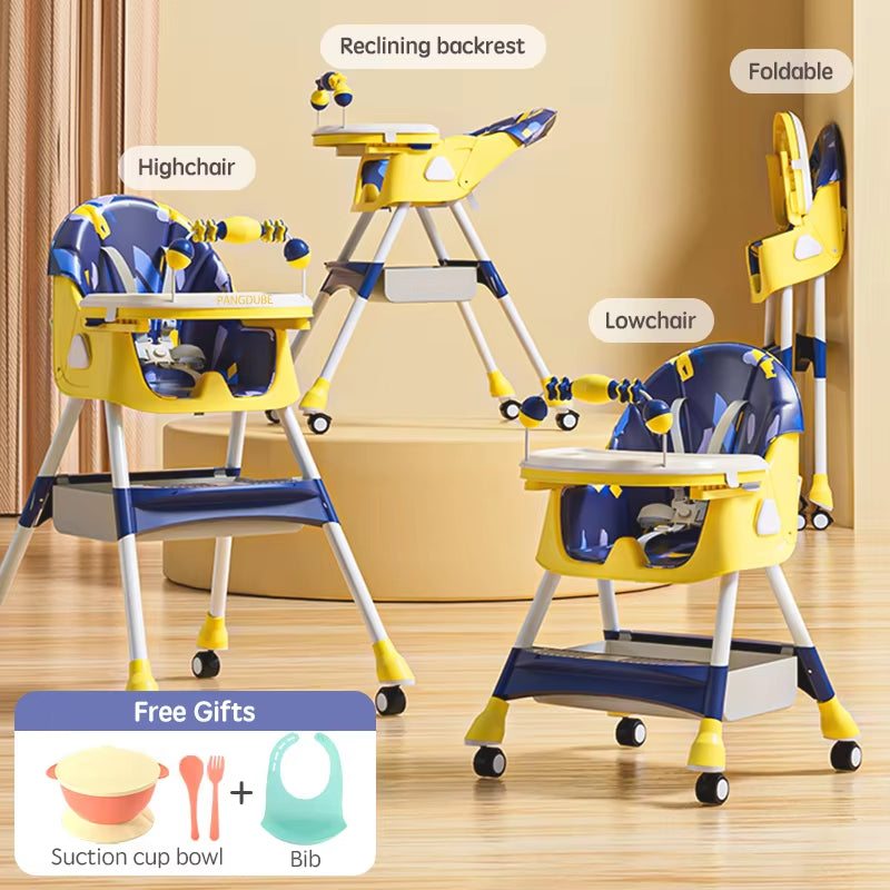 Reclining Baby Eating Chair Multi-Functional Foldable Kids' Dinning Chair 6 Months ~ 6 Years Old Baby Feeding Chair with Wheels