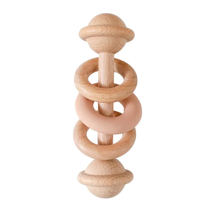 1Pc Baby Wooden Teether Toys BPA Free Silicone Ring Handle Music Rattle Teething for Baby Toys Montessori Toys for Kids Gift