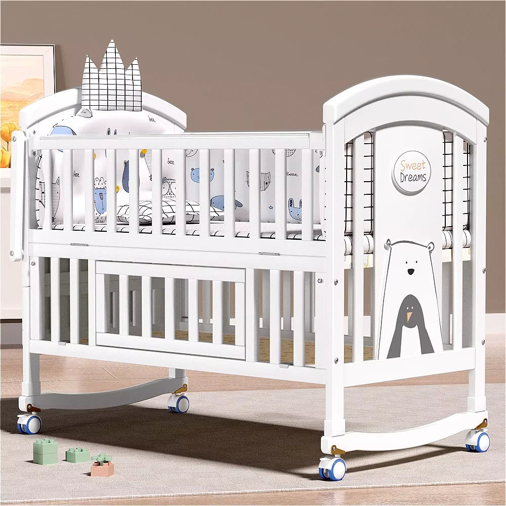 New 2025 Solid Wood European Style White Paint Baby'S Cot Removable Multifunctional Upholstered Bed for Newborn