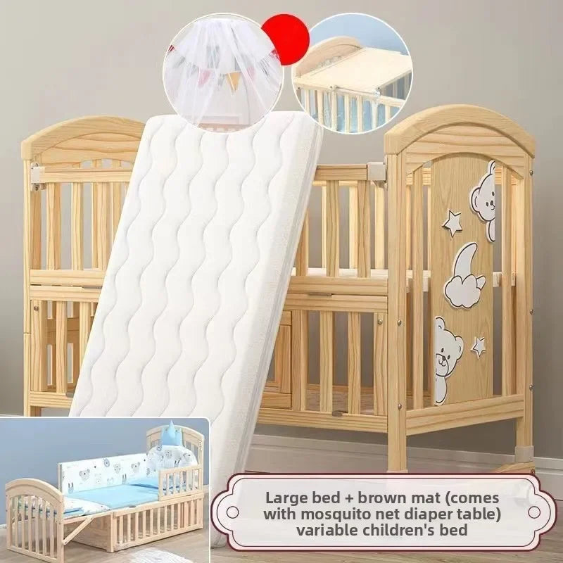 2025New Solid Wood Baby Crib Movable Splicing Bed Multifunctional Baby Rocking Bed Adjustable Guardrail Height with Mosquito Net