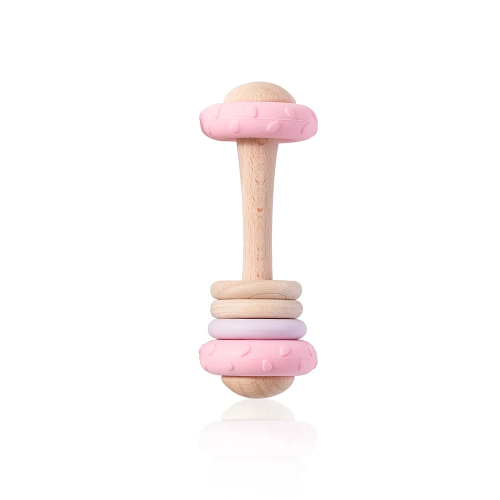 1Pc Baby Wooden Teether Toys BPA Free Silicone Ring Handle Music Rattle Teething for Baby Toys Montessori Toys for Kids Gift