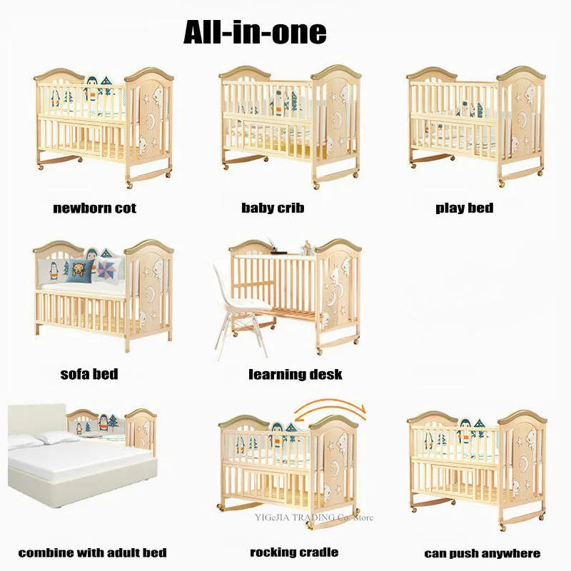 Pine Wood Baby Crib with Inner Cot, No Paint Kids Bed, Size 106*62*102Cm, Small Cradle 84*45Cm