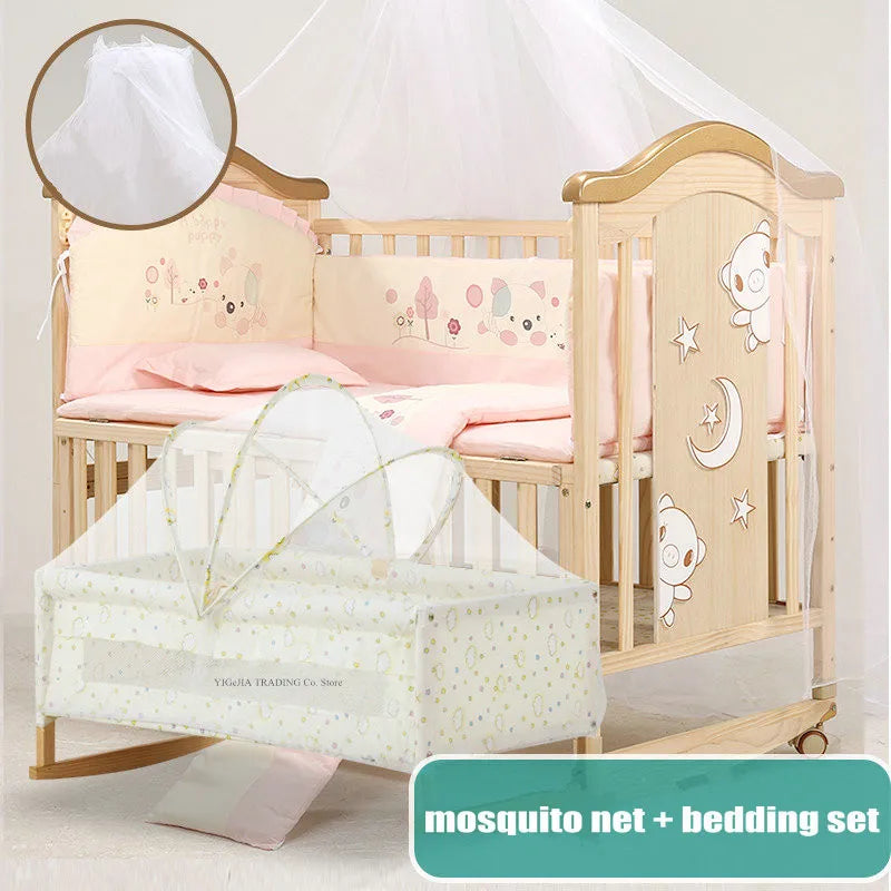 Pine Wood Baby Crib with Inner Cot, No Paint Kids Bed, Size 106*62*102Cm, Small Cradle 84*45Cm