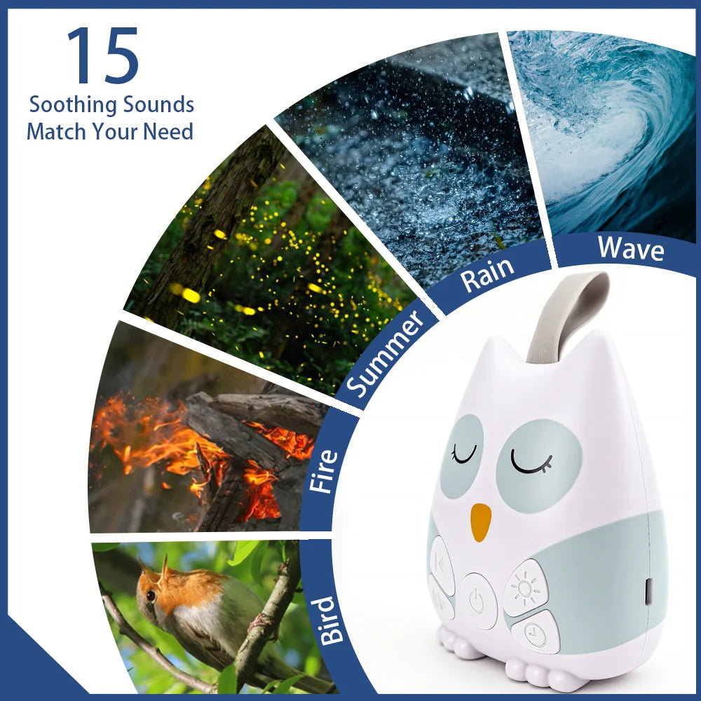 Portable Owl White Noise Machine for Baby 15 Soothing Natural Sound Infant Toddler Soother Comfortable Sleep Aid Travel-Friendly