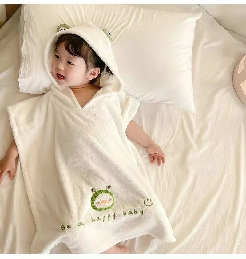 Children'S Bathrobe Polyester Baby Soft Skin Absorbent Quick Drying Hooded Bath Towel Cartoon Frog Bear Air Conditioning Blanket