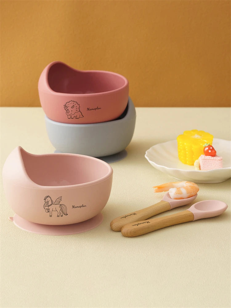 3PCS Custom Baby Feeding Set Spoon Fork BPA Free Silicone Suction Bowl for Toddlers Self Feeding Training Children'S Tableware