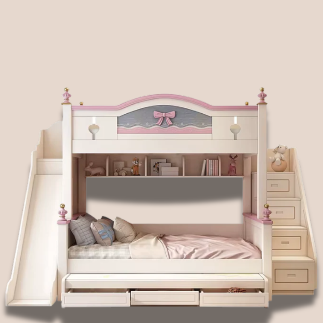 Children'S Bed on and off Bed Girl Princess Bed High and Low Bunk Wooden Other with Slide Pink Multifunctiona