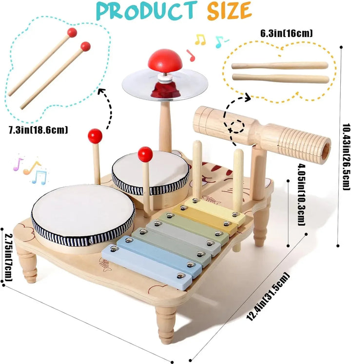 Wooden Musical Instruments Montessori Educational Toys Wind Chime Kids Drum Set with Xylophone Musical Toys for Toddlers Gifts