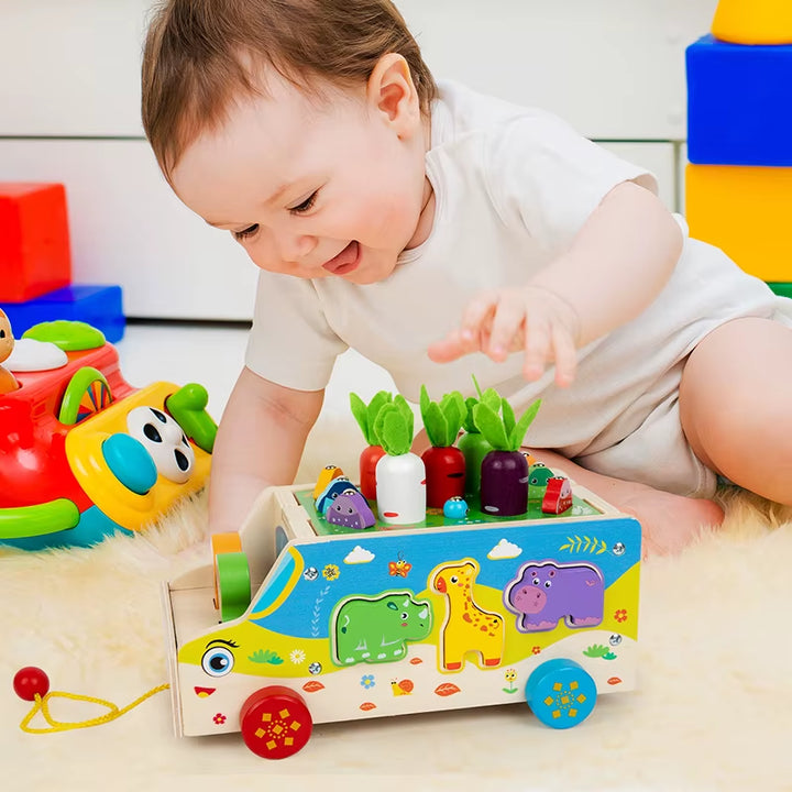 Children'S Wooden Multi Functional Animal Shape Matching Toy Puzzle Pulling Carrot Game Baby Fishing Cart Building Blocks