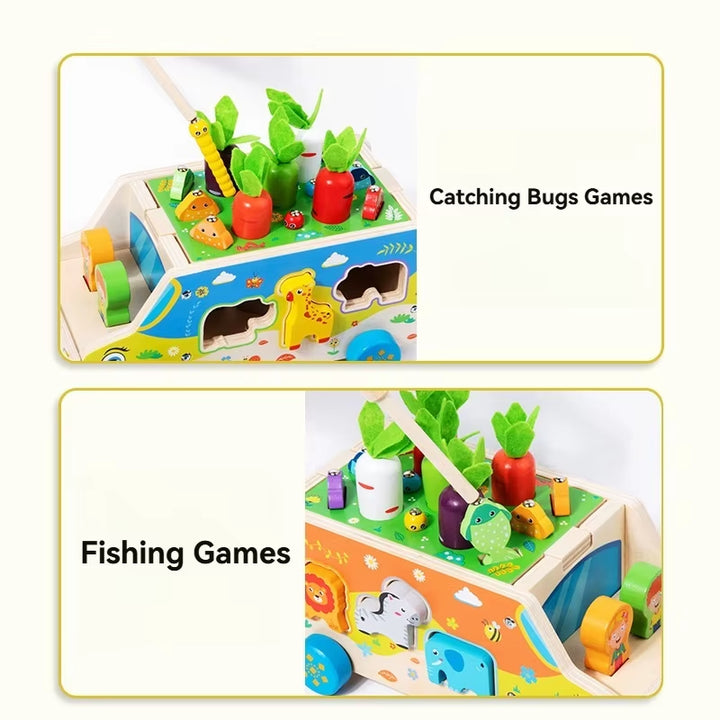 Children'S Wooden Multi Functional Animal Shape Matching Toy Puzzle Pulling Carrot Game Baby Fishing Cart Building Blocks