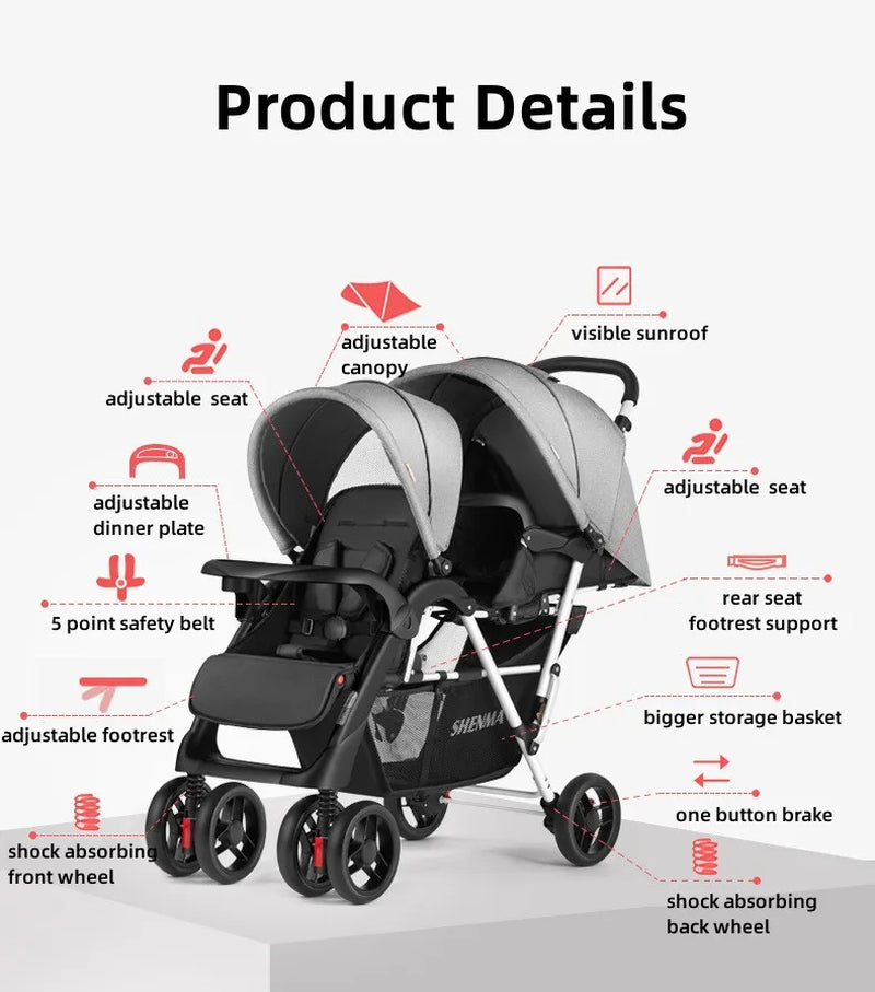 Twin Stroller, Poussette Double Baby Stroller Can Sit and Lie Down, Foldable Light-Weight Double Baby Stroller with Two Seat