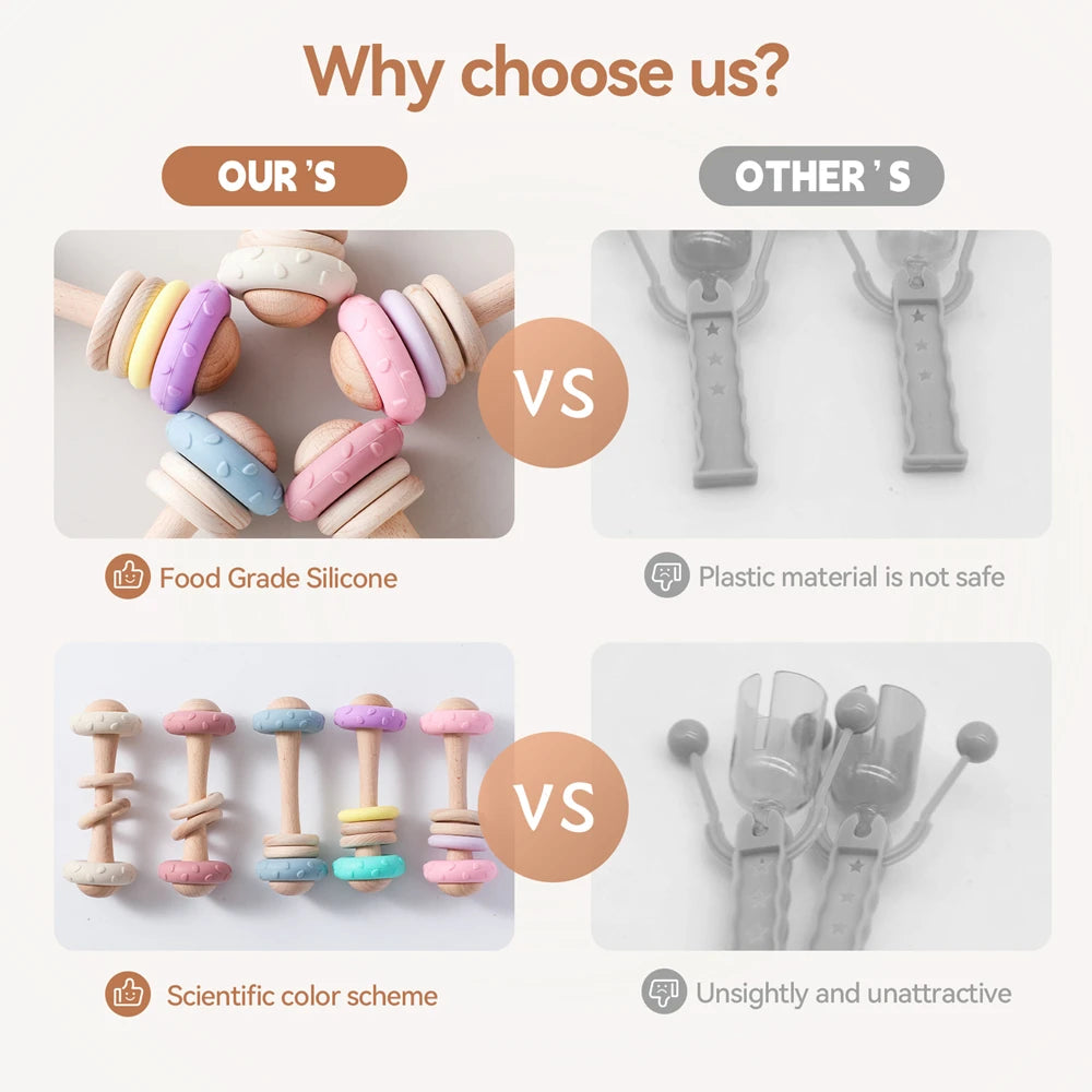 1Pc Baby Wooden Teether Toys BPA Free Silicone Ring Handle Music Rattle Teething for Baby Toys Montessori Toys for Kids Gift