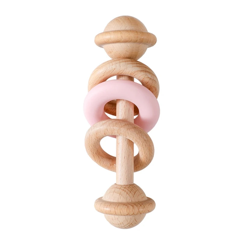 1Pc Baby Wooden Teether Toys BPA Free Silicone Ring Handle Music Rattle Teething for Baby Toys Montessori Toys for Kids Gift