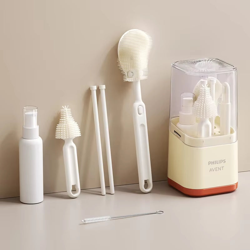 Bottle Cleaning Kit 6-In-1 Bottle Nipple Cleaning Brush Silicone Bottle Cleaner with Storage Box Drain Rack Straw Brush