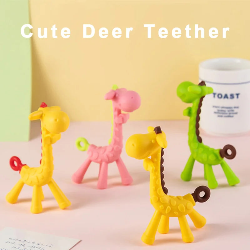 2Pcs Baby Deer Teether Toy Glue Giraffe Set Ring Deer Love Cute Animal Molar Relief Teething Discomfort Soft Silicone