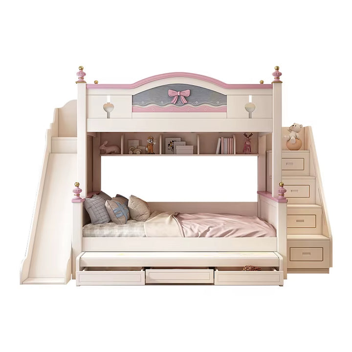 Children'S Bed on and off Bed Girl Princess Bed High and Low Bunk Wooden Other with Slide Pink Multifunctiona