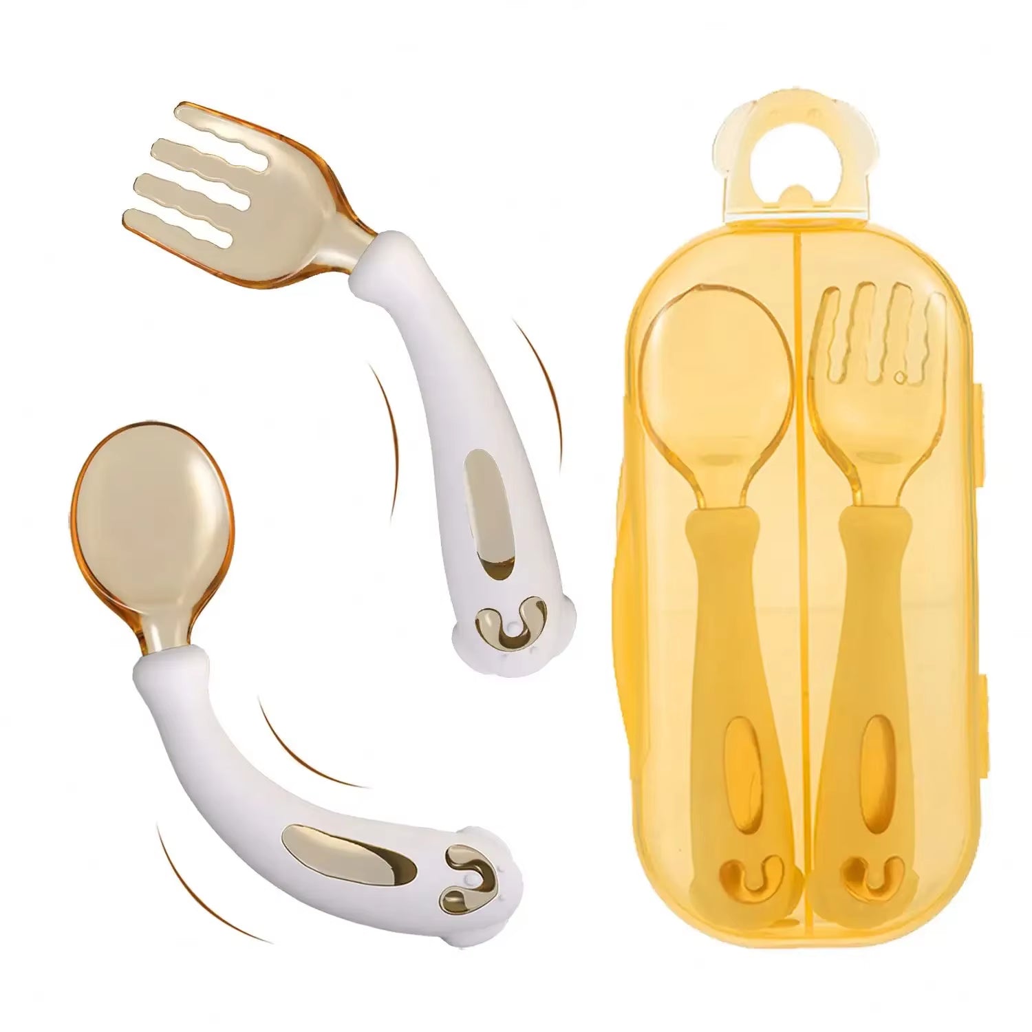 1Set Baby Training Spoon Bendable Handle Tableware Fork Set 100% Food Grade White Puppy Design Tritan Silicone Learning Spoon