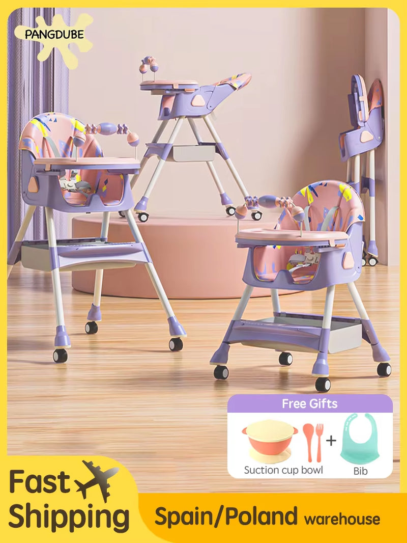 Reclining Baby Eating Chair Multi-Functional Foldable Kids' Dinning Chair 6 Months ~ 6 Years Old Baby Feeding Chair with Wheels