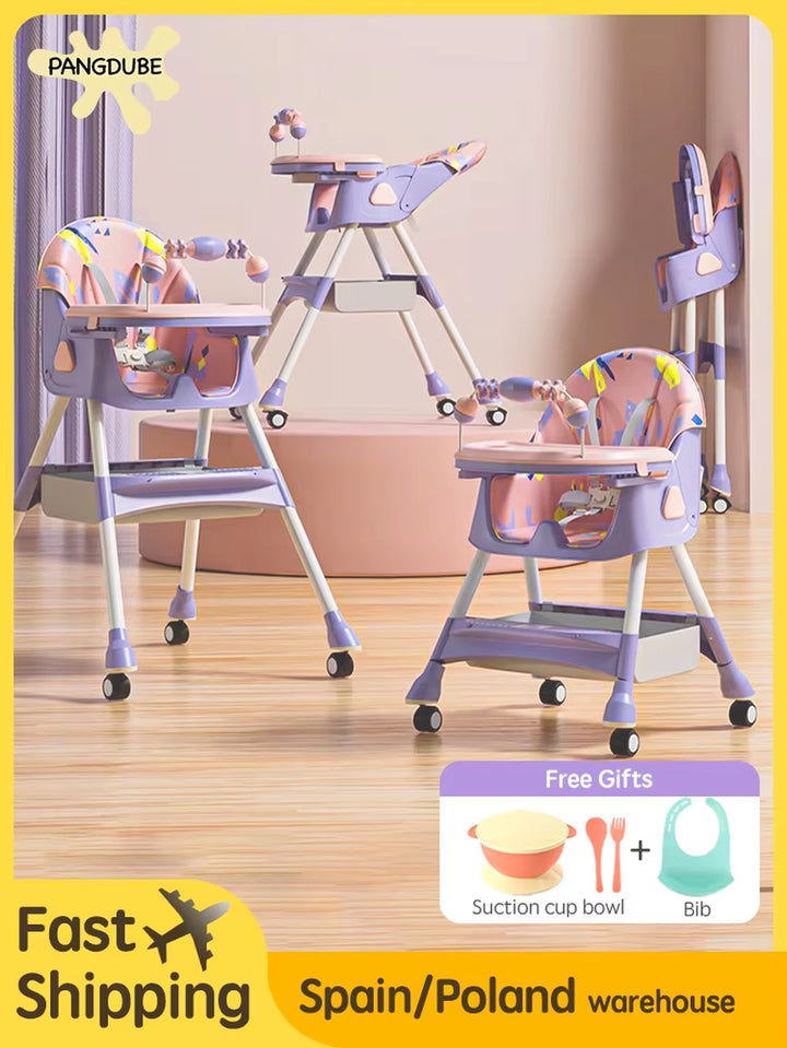 Reclining Baby Eating Chair Multi-Functional Foldable Kids' Dinning Chair 6 Months ~ 6 Years Old Baby Feeding Chair with Wheels