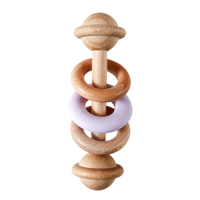 1Pc Baby Wooden Teether Toys BPA Free Silicone Ring Handle Music Rattle Teething for Baby Toys Montessori Toys for Kids Gift