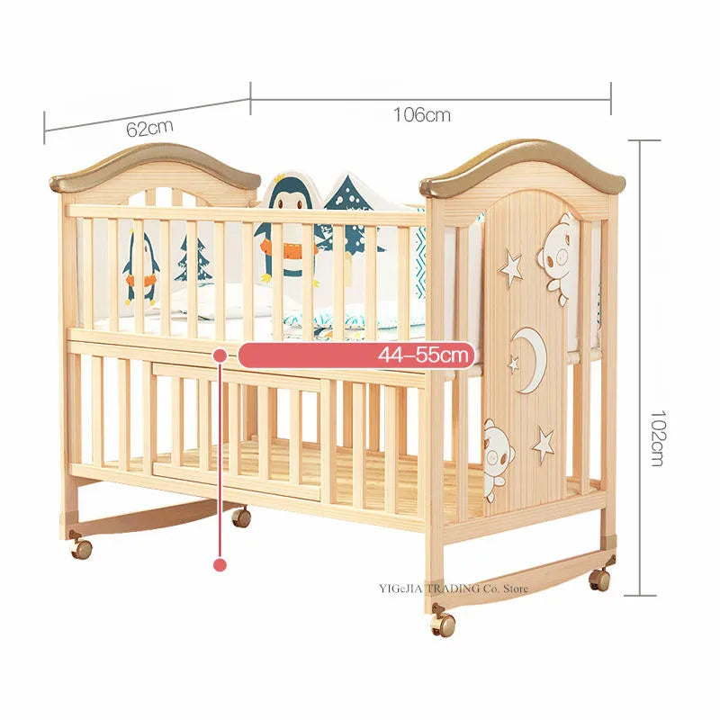 Pine Wood Baby Crib with Inner Cot, No Paint Kids Bed, Size 106*62*102Cm, Small Cradle 84*45Cm