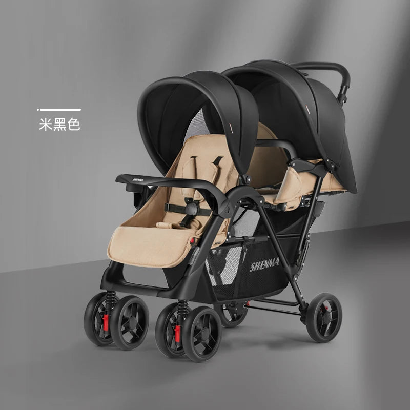 Twin Stroller, Poussette Double Baby Stroller Can Sit and Lie Down, Foldable Light-Weight Double Baby Stroller with Two Seat
