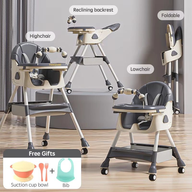 Reclining Baby Eating Chair Multi-Functional Foldable Kids' Dinning Chair 6 Months ~ 6 Years Old Baby Feeding Chair with Wheels