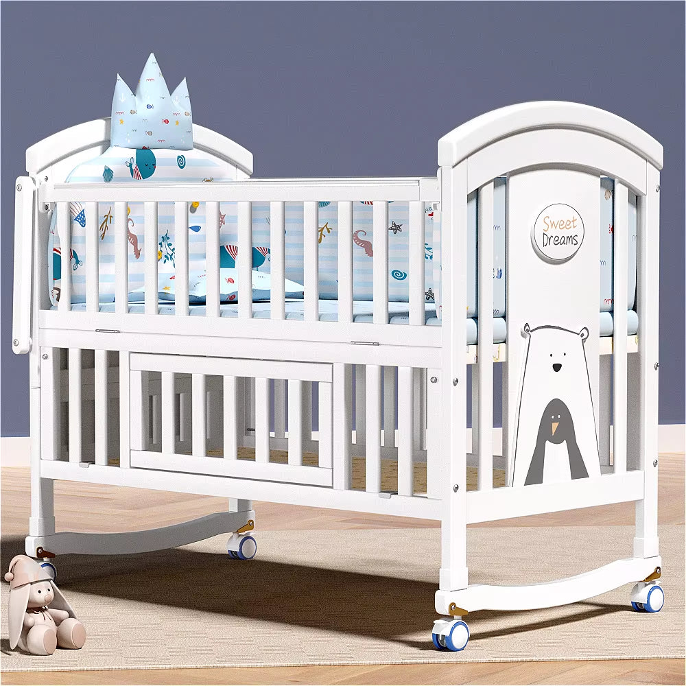 New 2025 Solid Wood European Style White Paint Baby'S Cot Removable Multifunctional Upholstered Bed for Newborn