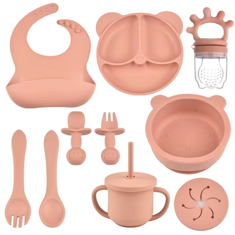 10Pcs Children'S Silicone Dinner Plate Set Strong Suction Anti-Fall Children'S Eating Training Bowl Fork Spoon Feeding Tableware