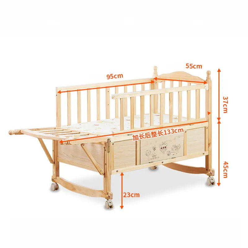 Multi-Functional Pine Wood Baby Crib, Can Combine Adult Bed, BB Rocking Cradle with Mosquito Net